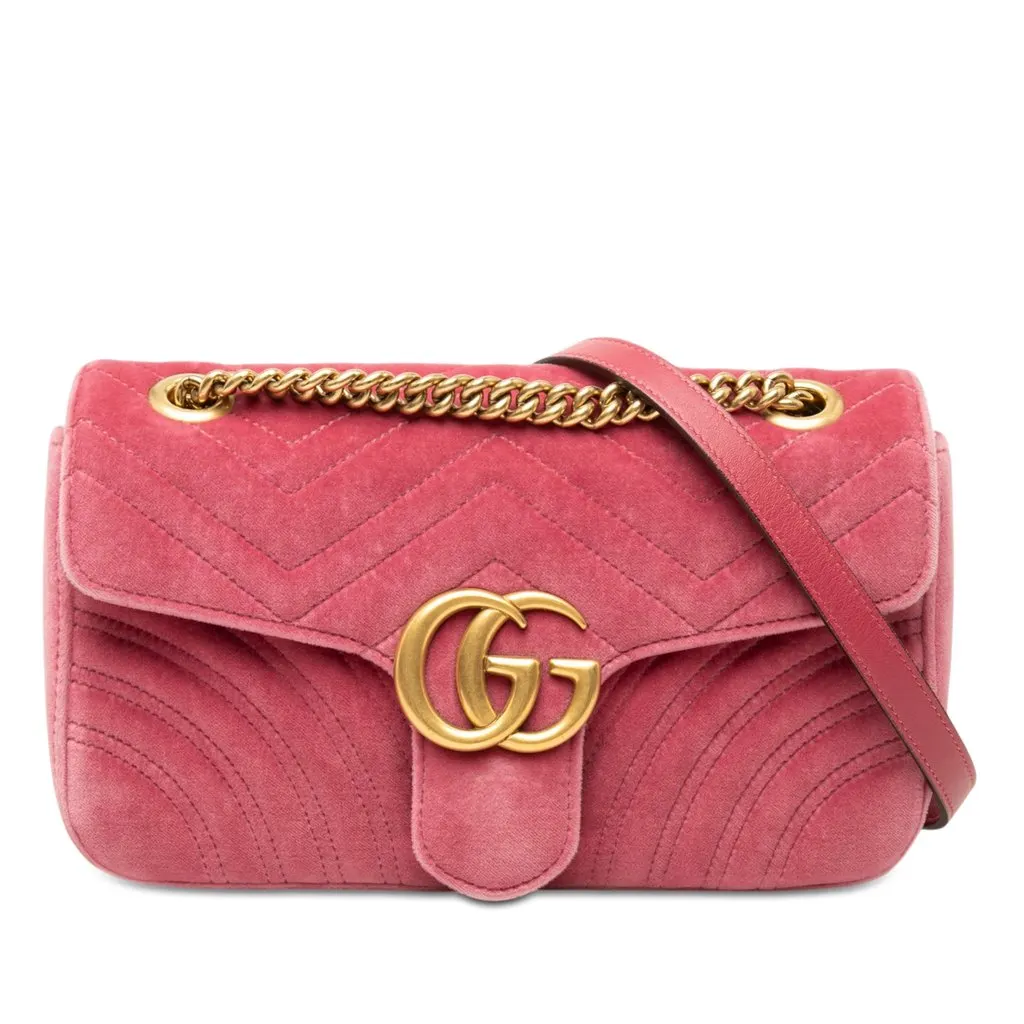 Gucci Medium GG Marmont Matelasse Velvet Shoulder Bag Pink Velvet Good - Front View