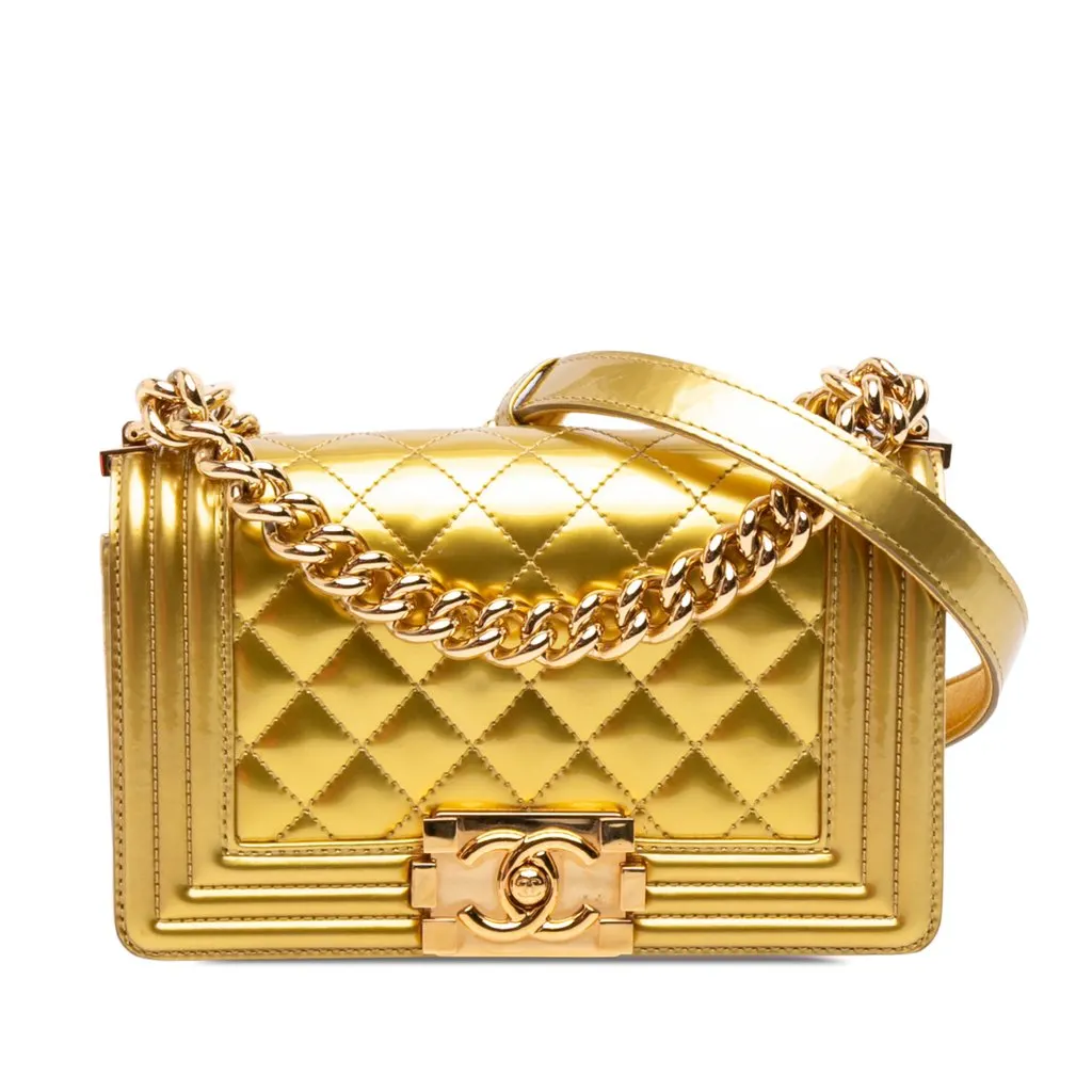 Chanel Small Quilted Metallic Patent Boy Flap Gold Leather Very good - Front View