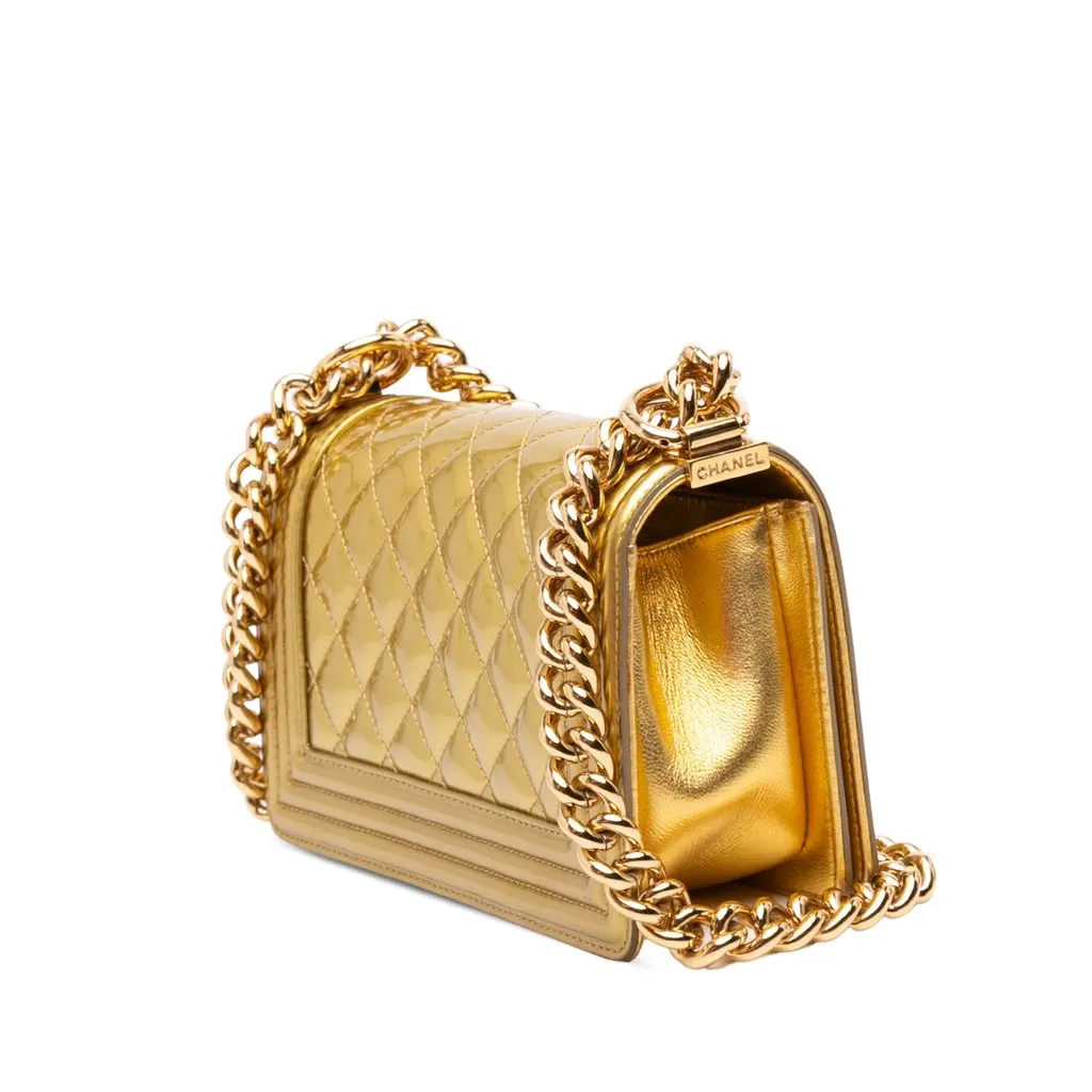 Chanel Small Quilted Metallic Patent Boy Flap Gold Leather Very good - Back View