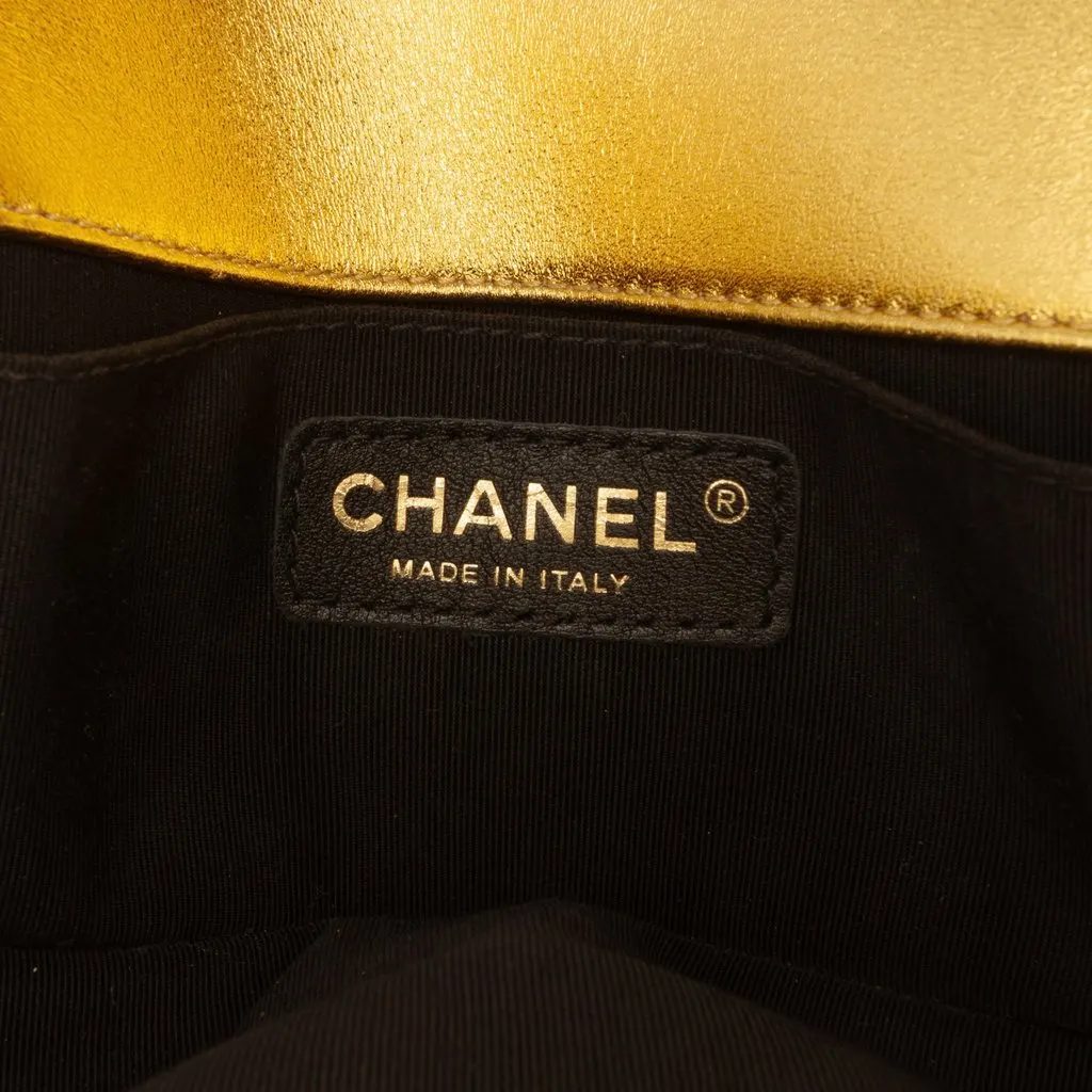 Chanel Small Quilted Metallic Patent Boy Flap Gold Leather Very good - Box View