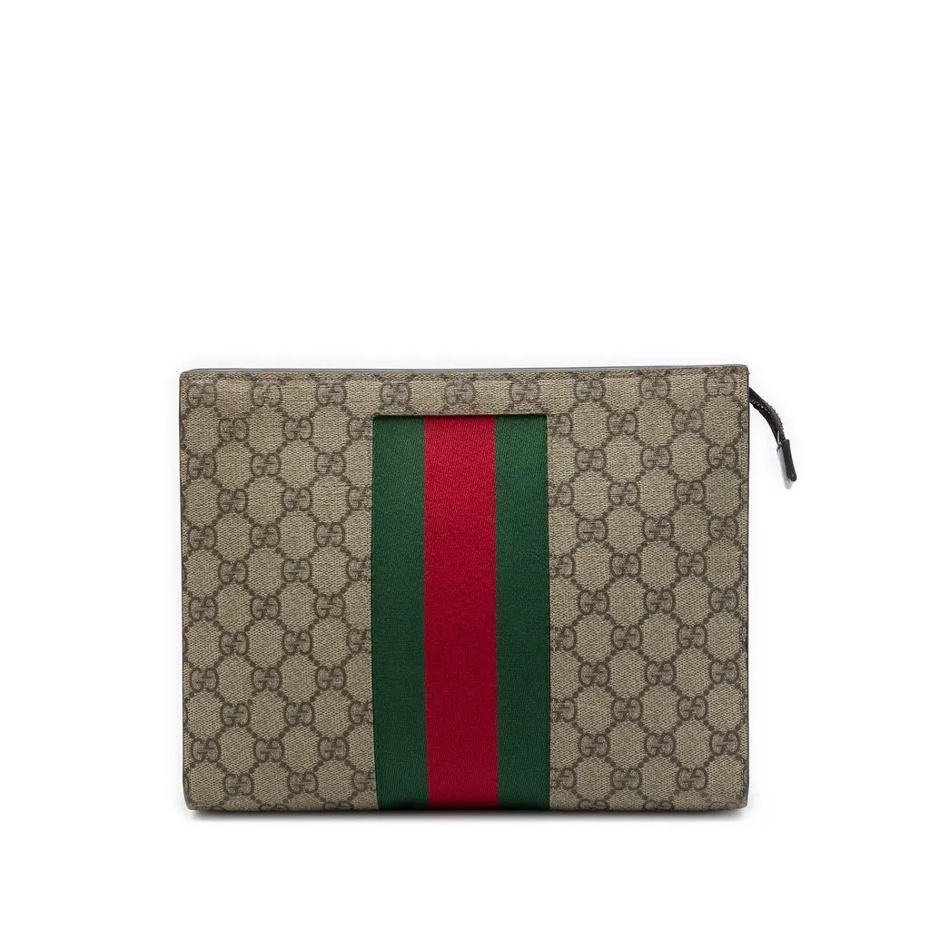 Gucci GG Supreme Web Clutch Beige Canvas Good - Front View