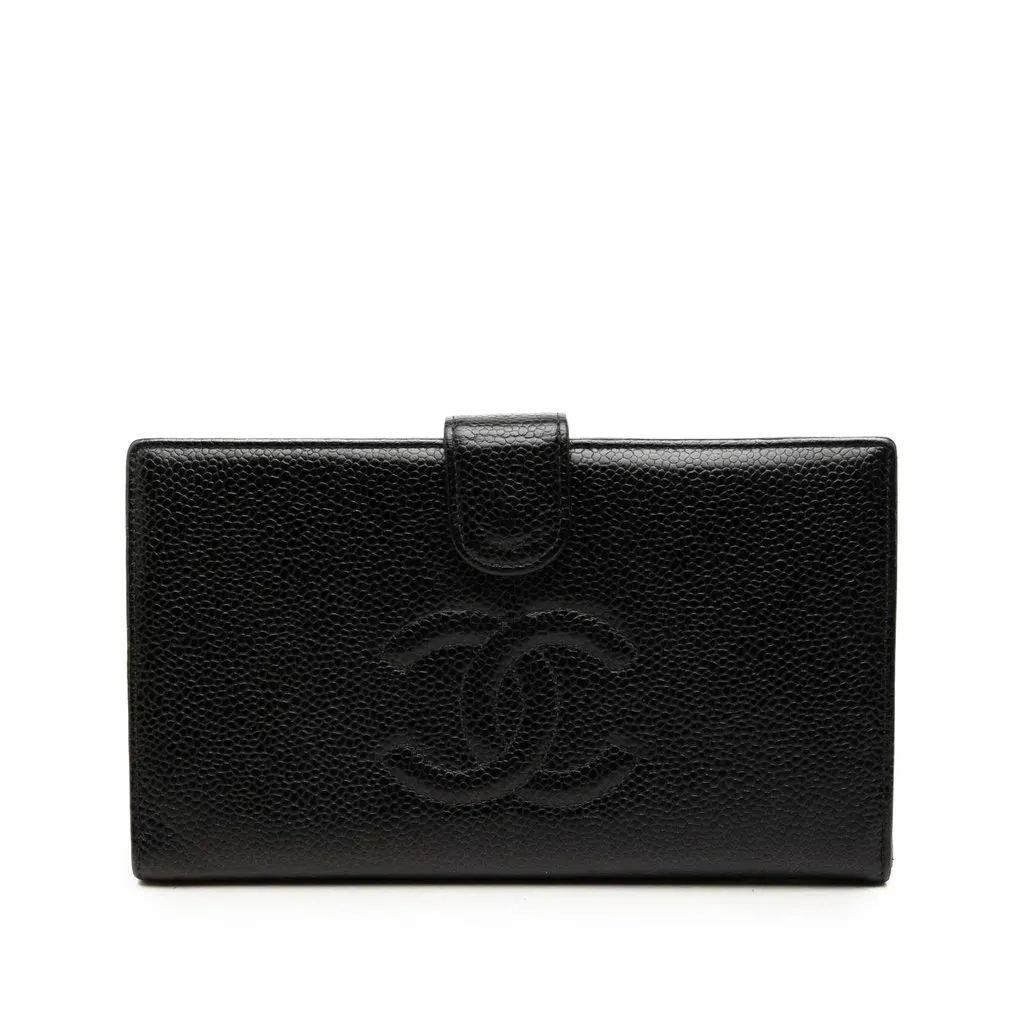 Chanel CC Caviar Bifold French Long Wallet Black Leather Very good - Front View