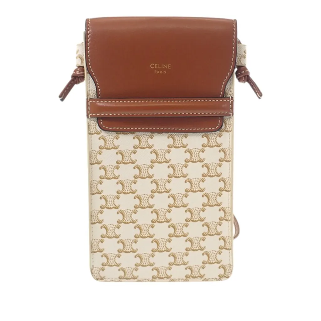Celine Triomphe Coated Canvas Phone Pouch Flap Crossbody White Canvas Good - Front View