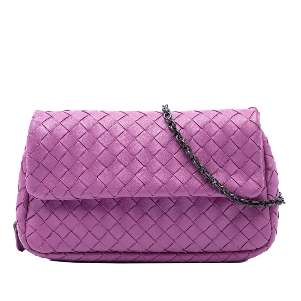 Bottega Veneta Mini Nappa Intrecciato Expandable Chain Flap Crossbody Purple Leather Very good - Front View