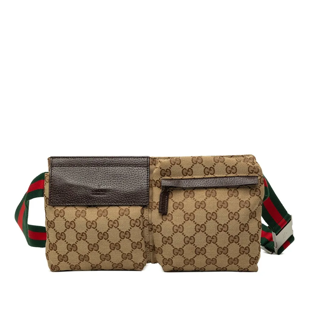 Gucci GG Canvas Web Double Pocket Belt Bag Beige Canvas Good - Front View