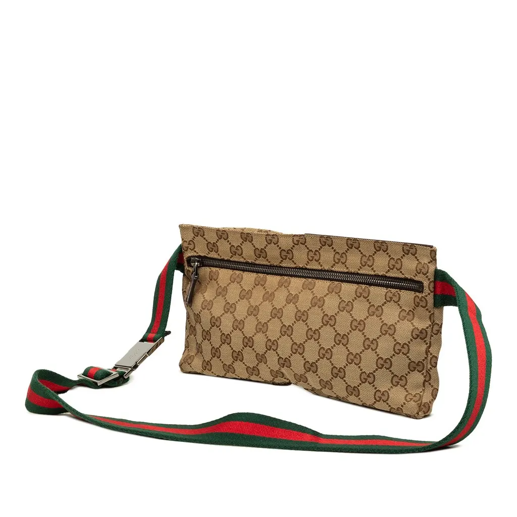 Gucci GG Canvas Web Double Pocket Belt Bag Beige Canvas Good - Back View