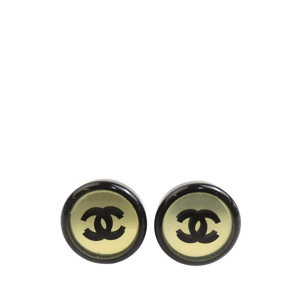 Chanel CC Silver Plated Resin Round Mirror Clip On Earrings Black Plastic Very good - Front View