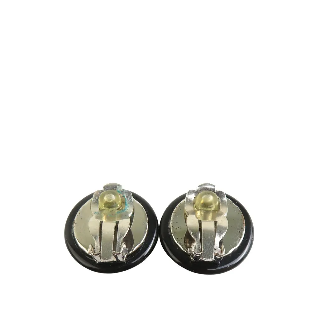 Chanel CC Silver Plated Resin Round Mirror Clip On Earrings Black Plastic Very good - Back View