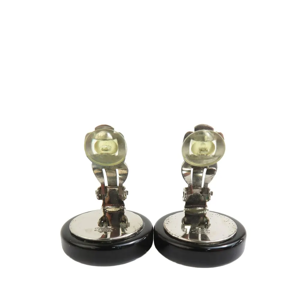 Chanel CC Silver Plated Resin Round Mirror Clip On Earrings Black Plastic Very good - Inside View