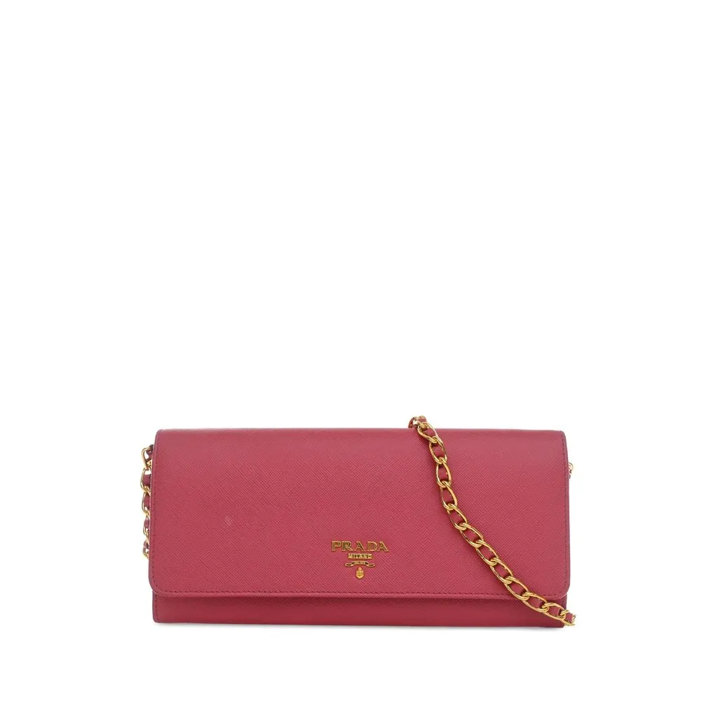 Prada Saffiano Wallet On Chain Pink Leather Very good - Front View
