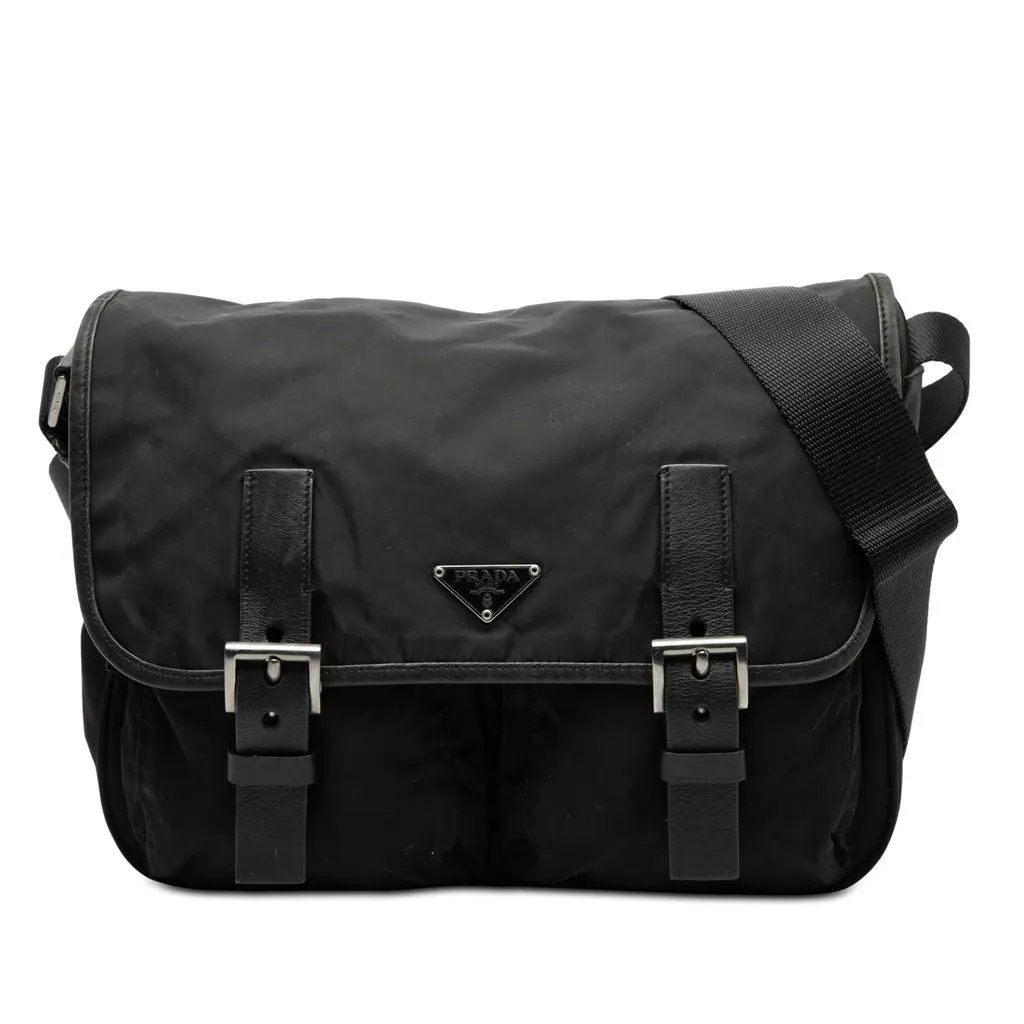 Prada Tessuto Double Buckle Messenger Bag Black Very good - Front View