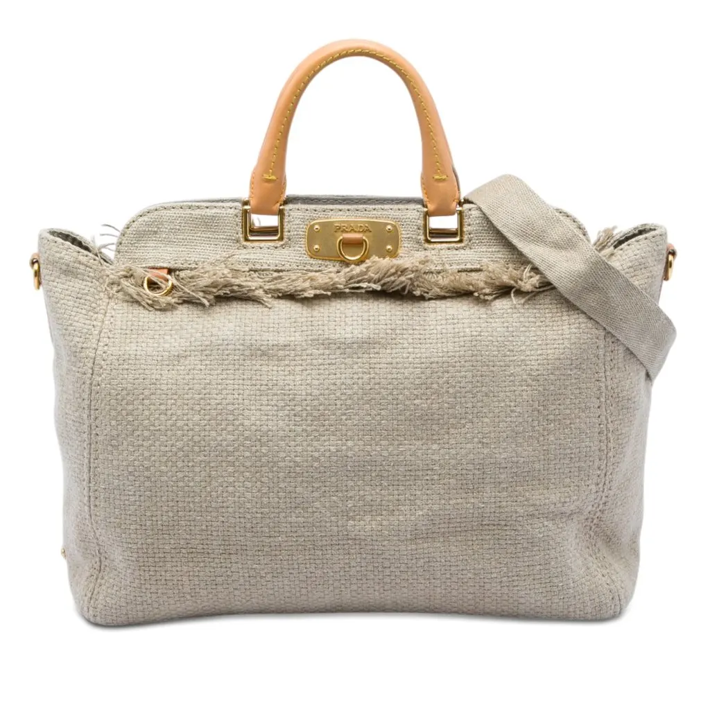 Prada Raffia Lino Fringe Shopping Tote Beige Very good - Front View