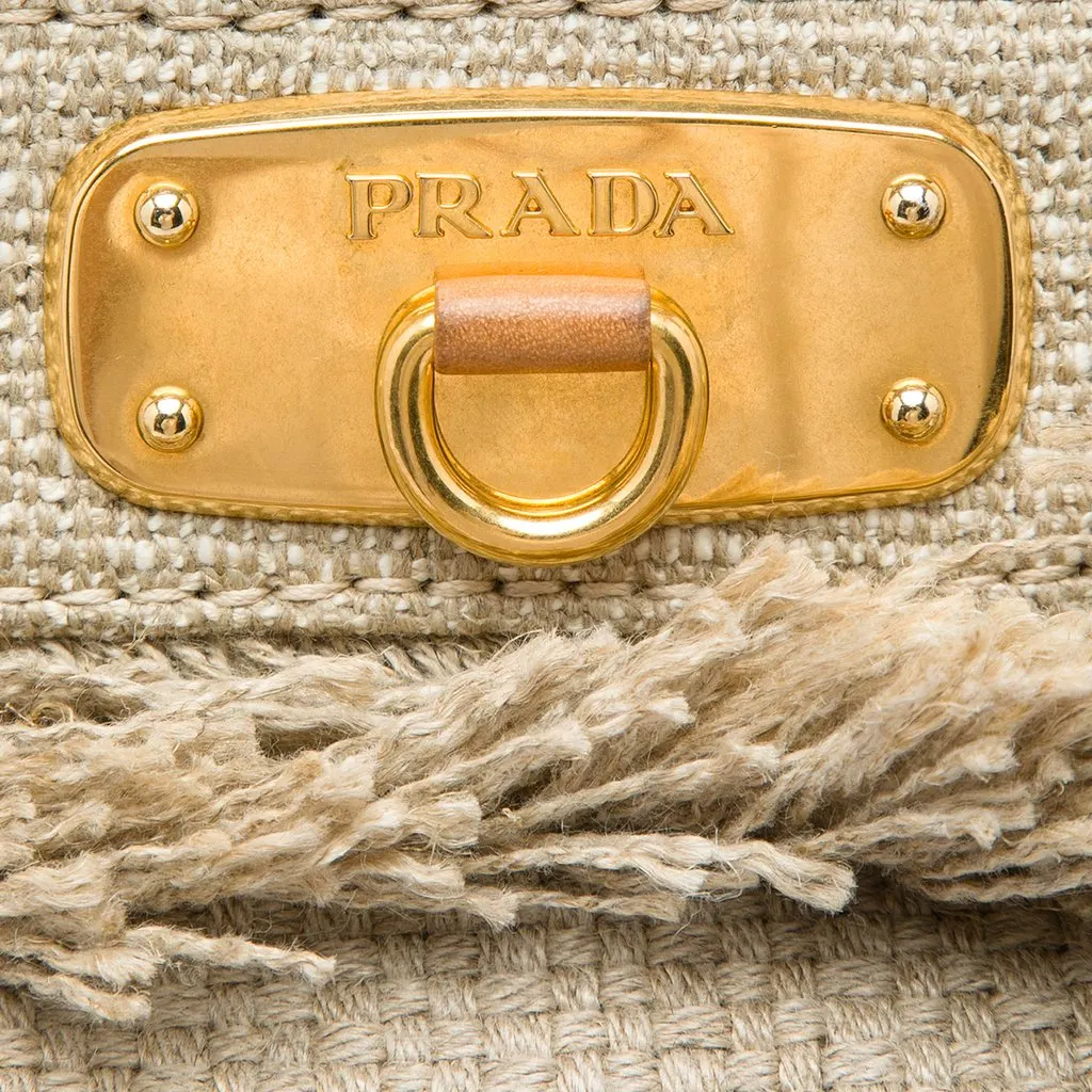 Prada Raffia Lino Fringe Shopping Tote Beige Very good - Box View