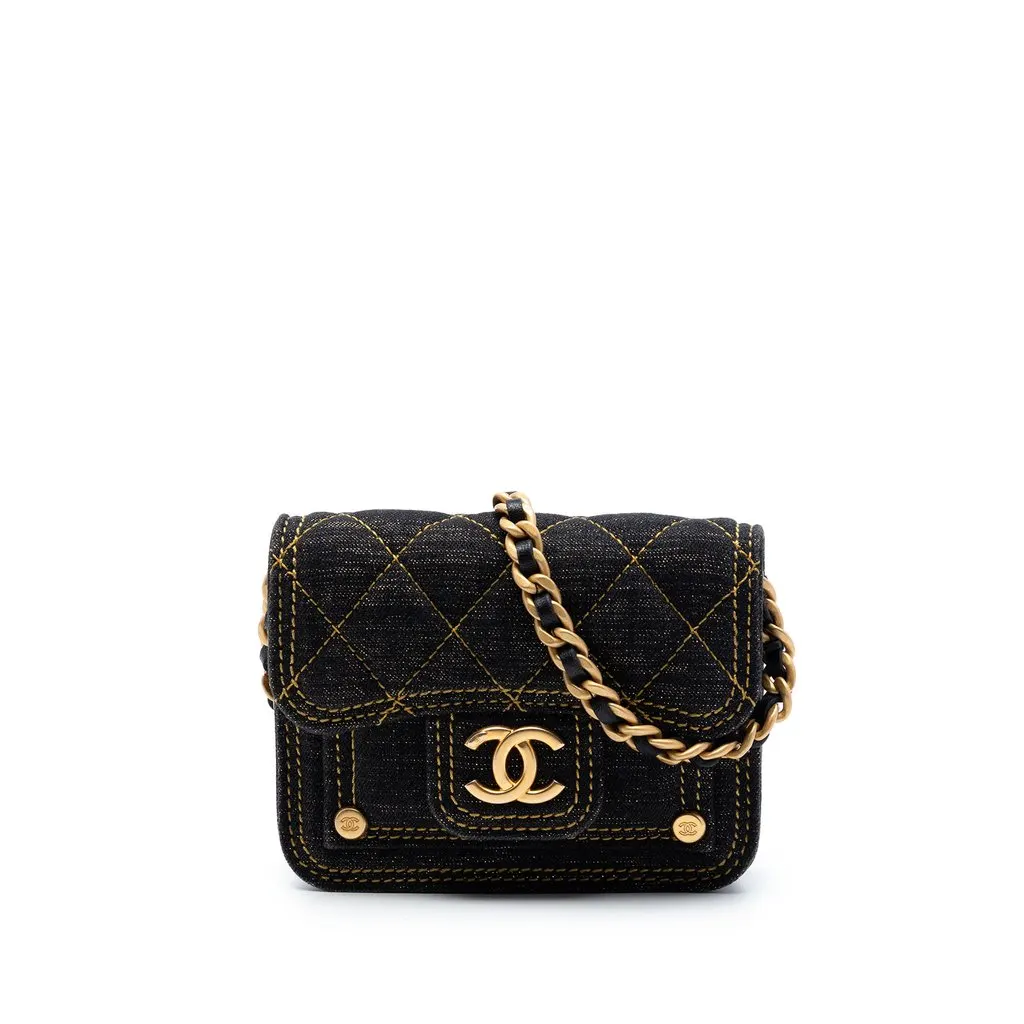 Chanel Mini Quilted Denim Double You Card Holder with Chain Blue Very good - Front View