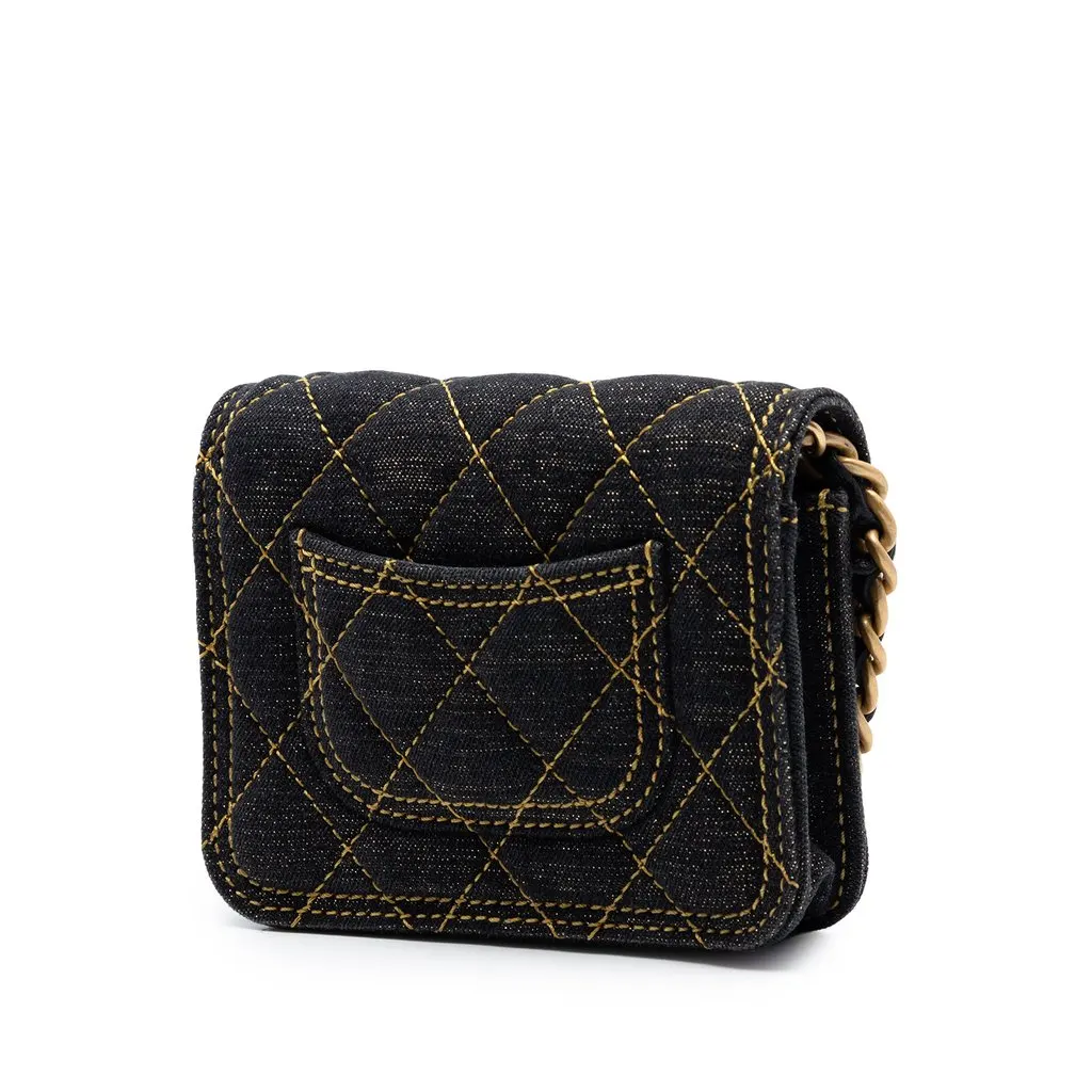 Chanel Mini Quilted Denim Double You Card Holder with Chain Blue Very good - Back View