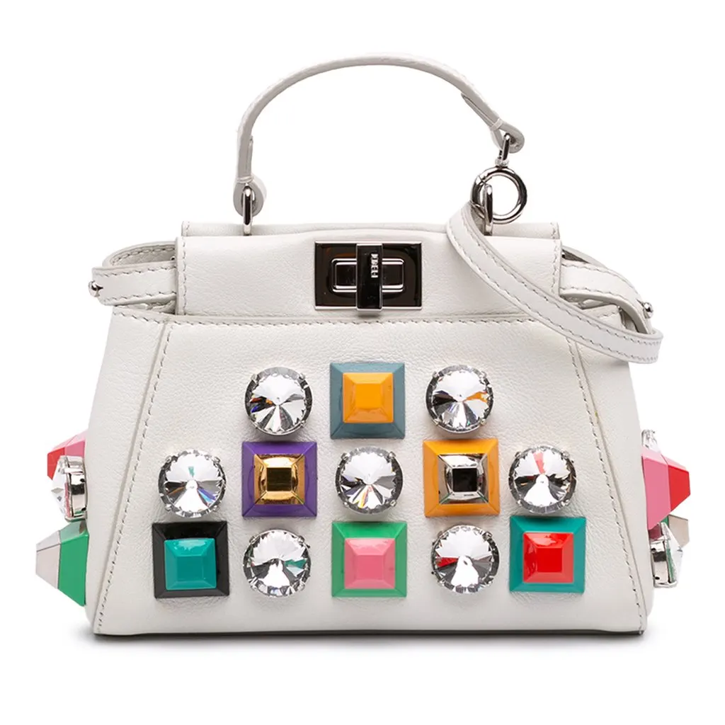 Fendi Micro Studded Calfskin Peekaboo Iconic Satchel White Leather Very good - Front View