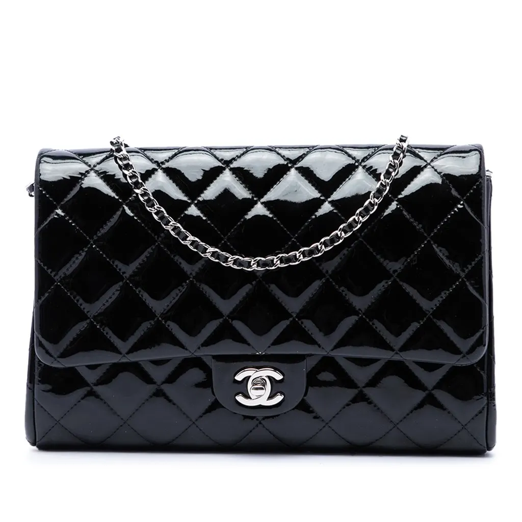 Chanel CC Quilted Patent Flap Clutch with Chain Black Leather Good - Front View