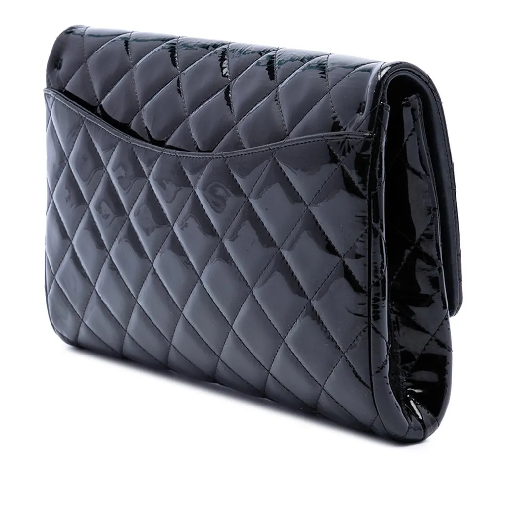 Chanel CC Quilted Patent Flap Clutch with Chain Black Leather Good - Back View