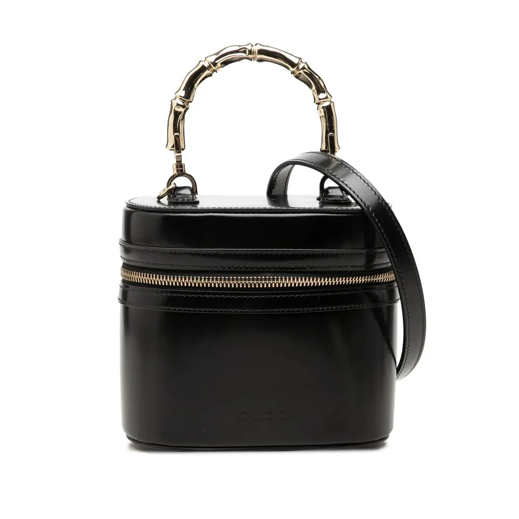 Gucci Shiny Calfskin Bamboo Vanity Bag Black Leather Very good - Front View