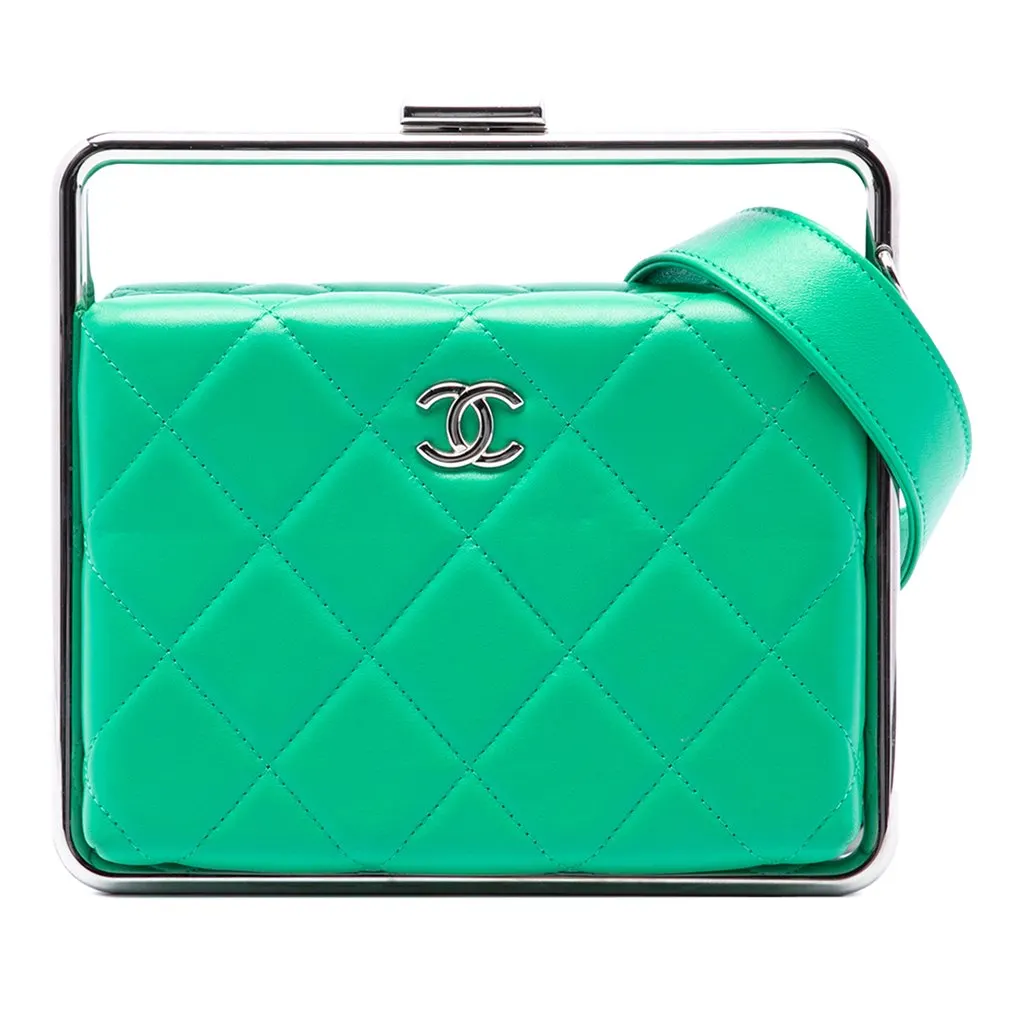 Chanel CC Quilted Lambskin Metal Bar Convertible Clutch Green Leather Very good - Front View