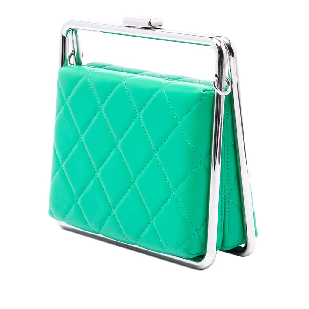 Chanel CC Quilted Lambskin Metal Bar Convertible Clutch Green Leather Very good - Back View