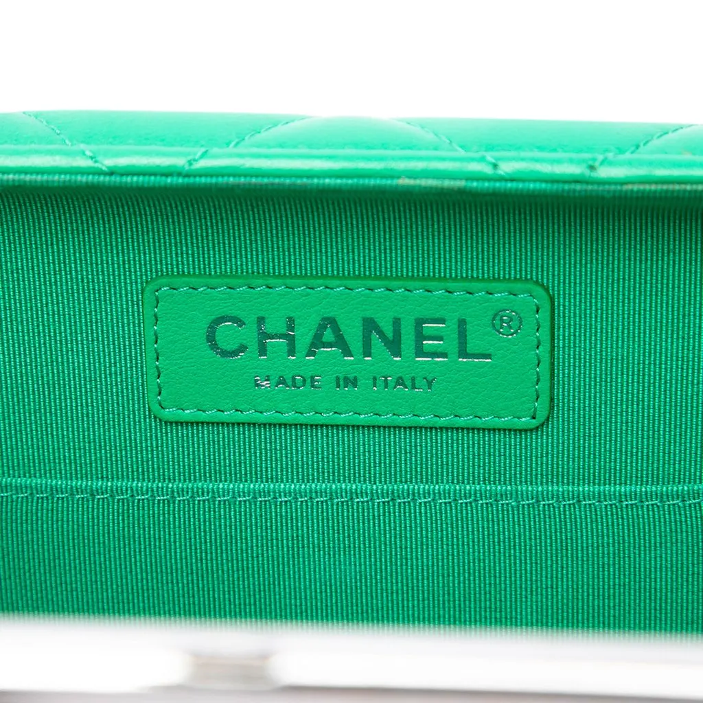 Chanel CC Quilted Lambskin Metal Bar Convertible Clutch Green Leather Very good - Box View
