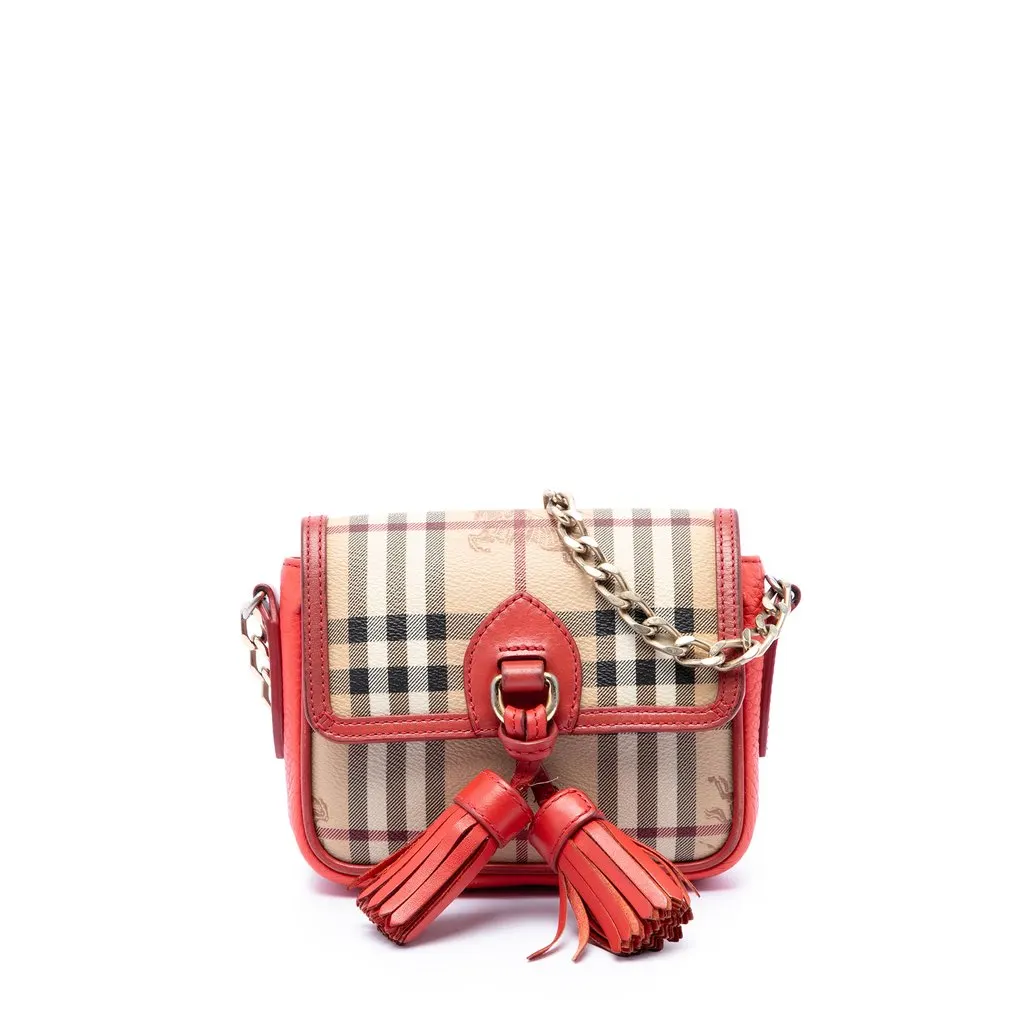 Burberry Mini Haymarket Check Coated Canvas Tassel Crossbody Beige Very good - Front View