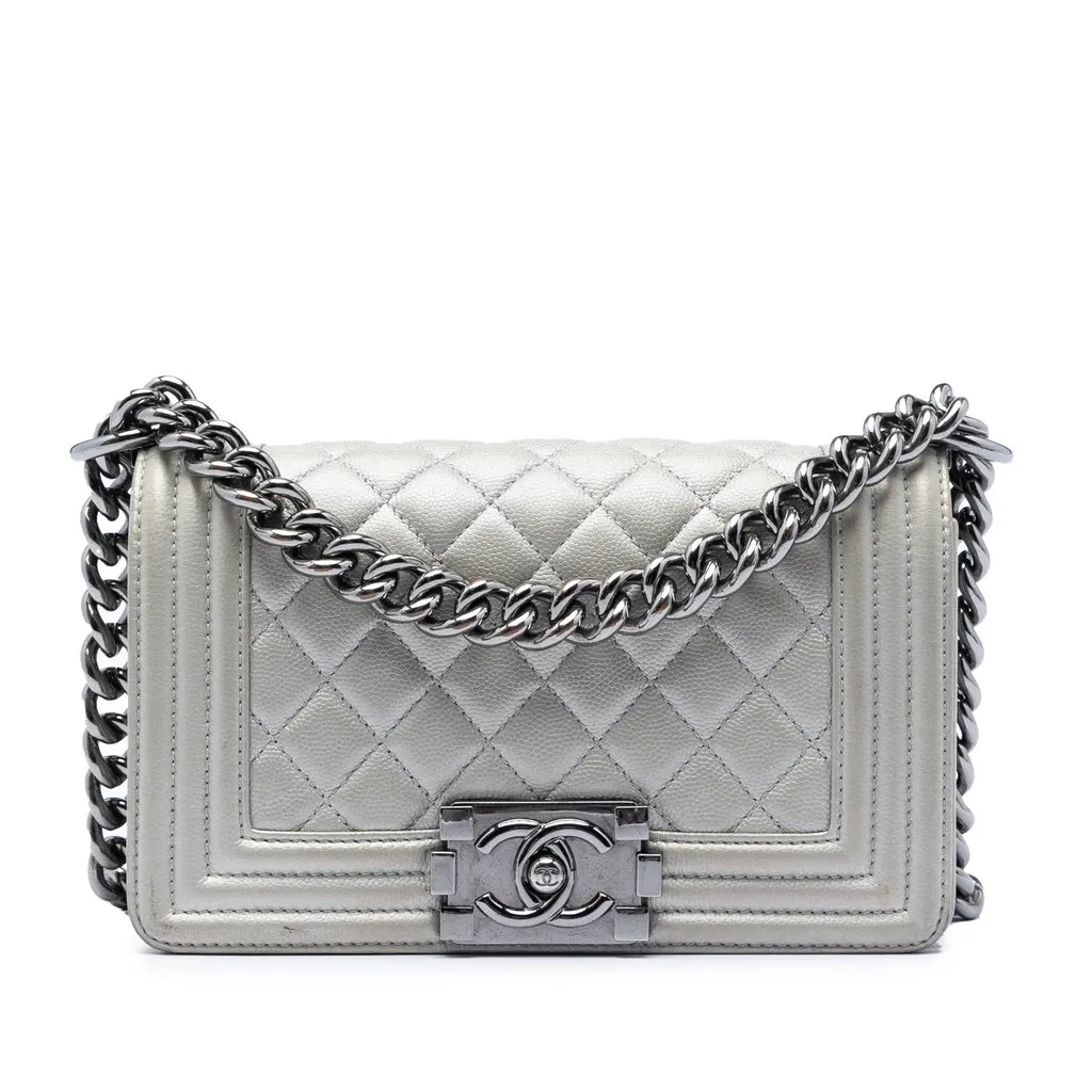 Chanel Small Quilted Metallic Caviar Boy Flap Silver Leather Very good - Front View