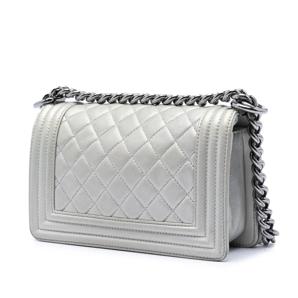 Chanel Small Quilted Metallic Caviar Boy Flap Silver Leather Very good - Back View