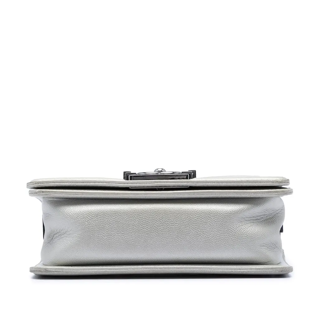 Chanel Small Quilted Metallic Caviar Boy Flap Silver Leather Very good - Inside View