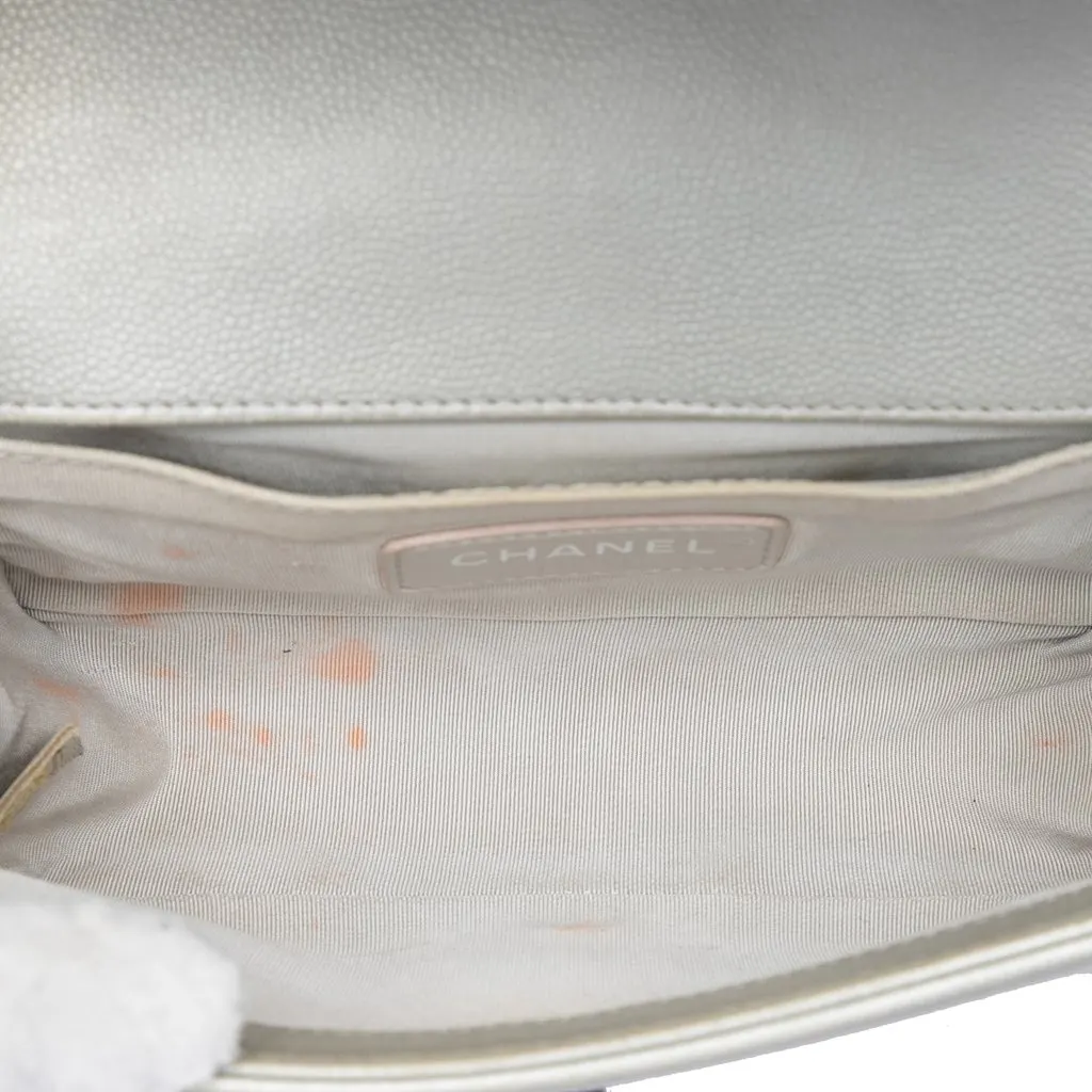 Chanel Small Quilted Metallic Caviar Boy Flap Silver Leather Very good - Model View