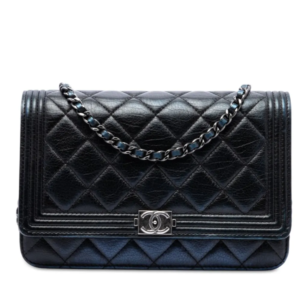 Chanel Quilted Aged Calfskin Boy Wallet on Chain Black Leather Very good - Front View