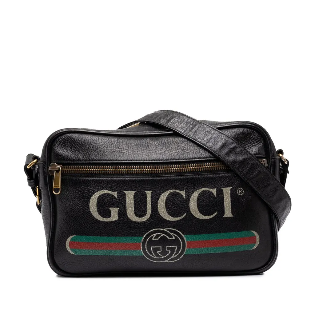 Gucci Grained Calfskin Logo Crossbody Black Leather Good - Front View