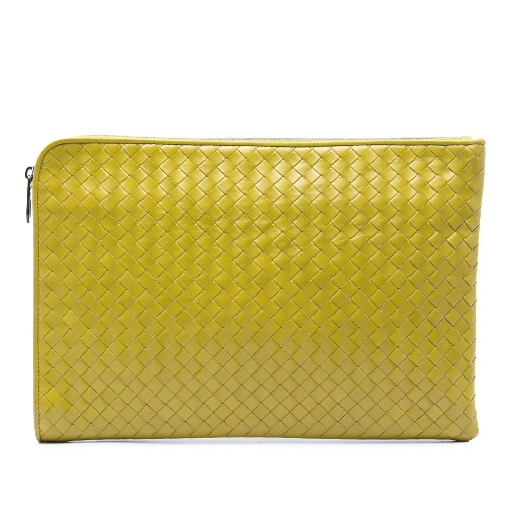 Bottega Veneta Large Nappa Intrecciato Zip Pouch Yellow Leather Very good - Front View