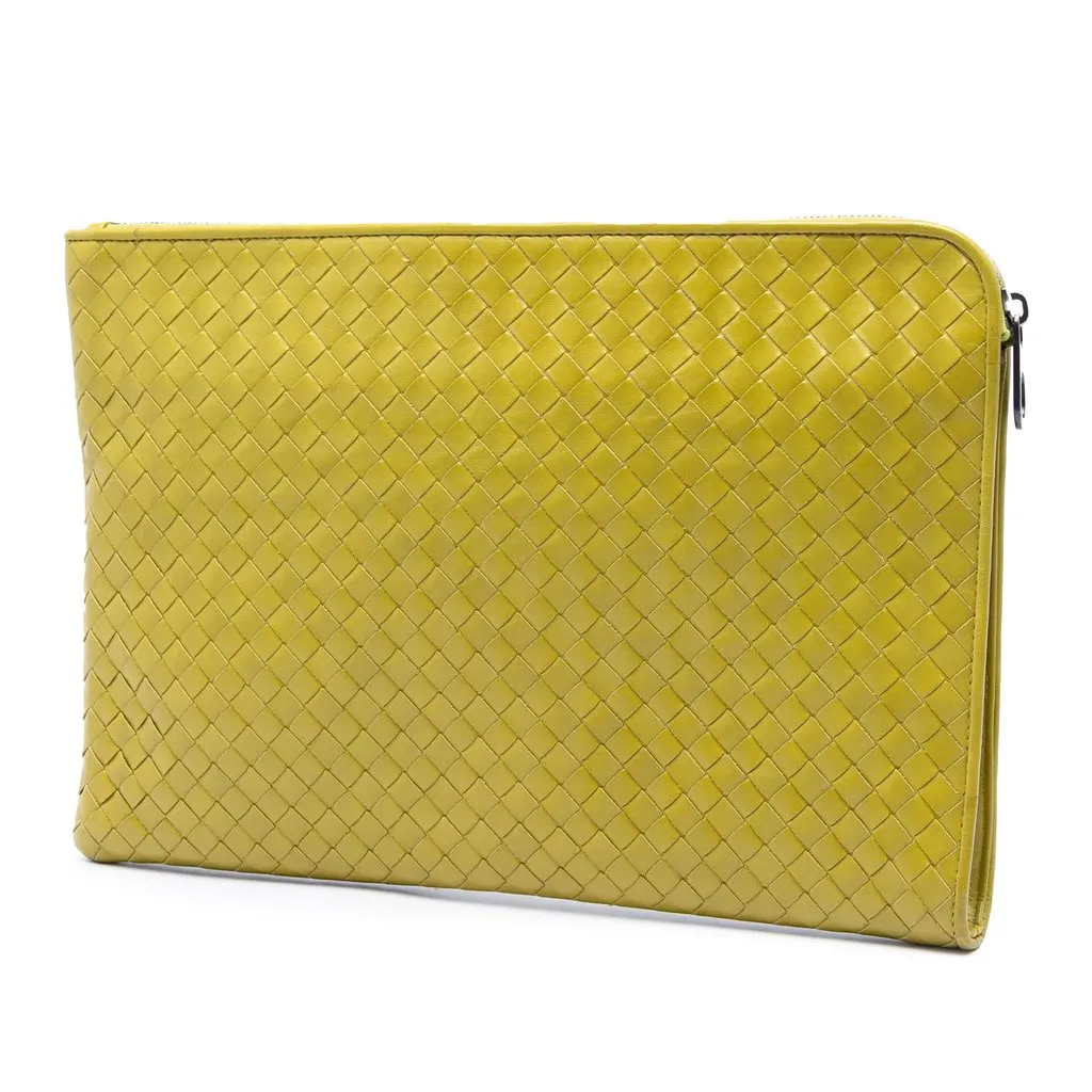 Bottega Veneta Large Nappa Intrecciato Zip Pouch Yellow Leather Very good - Back View