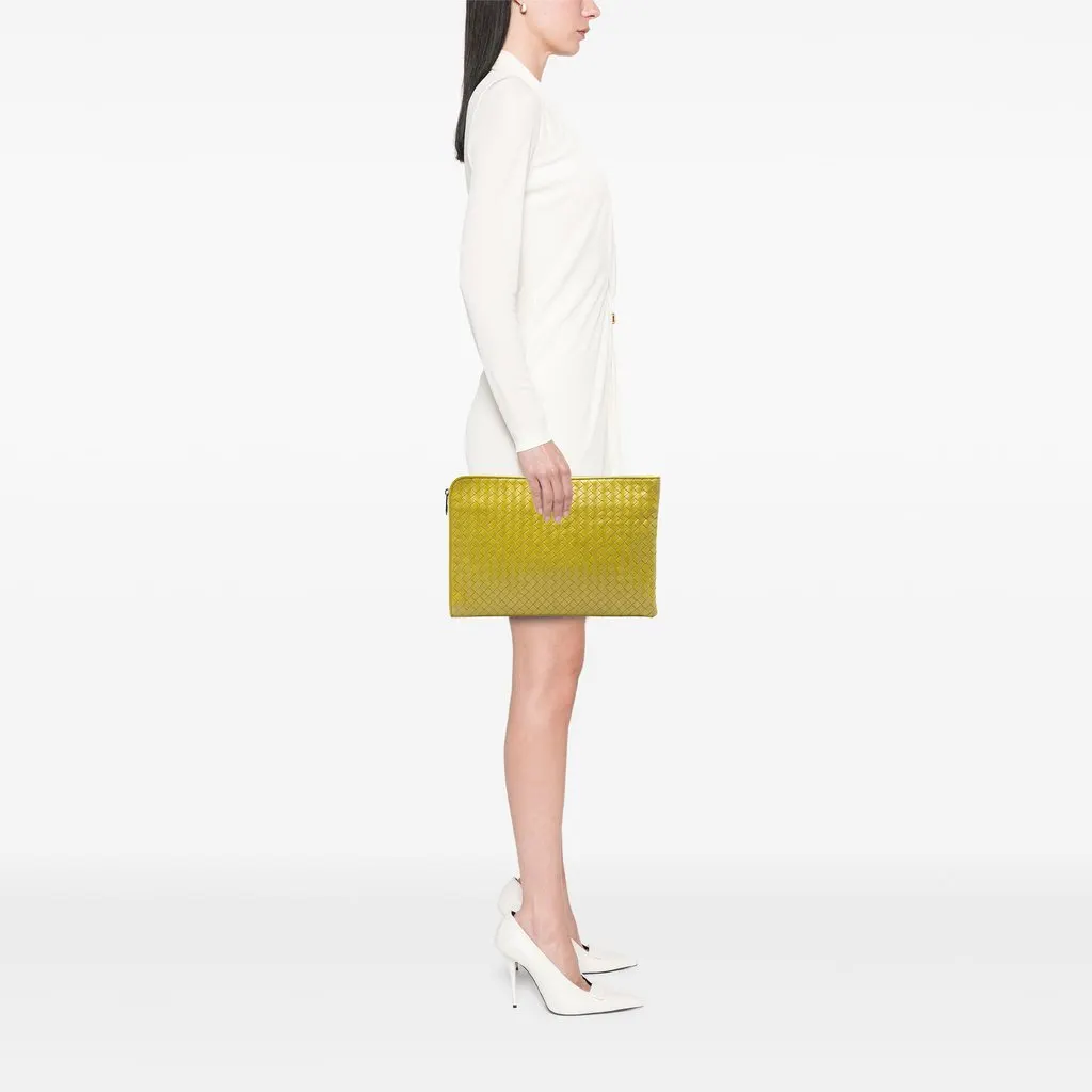 Bottega Veneta Large Nappa Intrecciato Zip Pouch Yellow Leather Very good - Box View