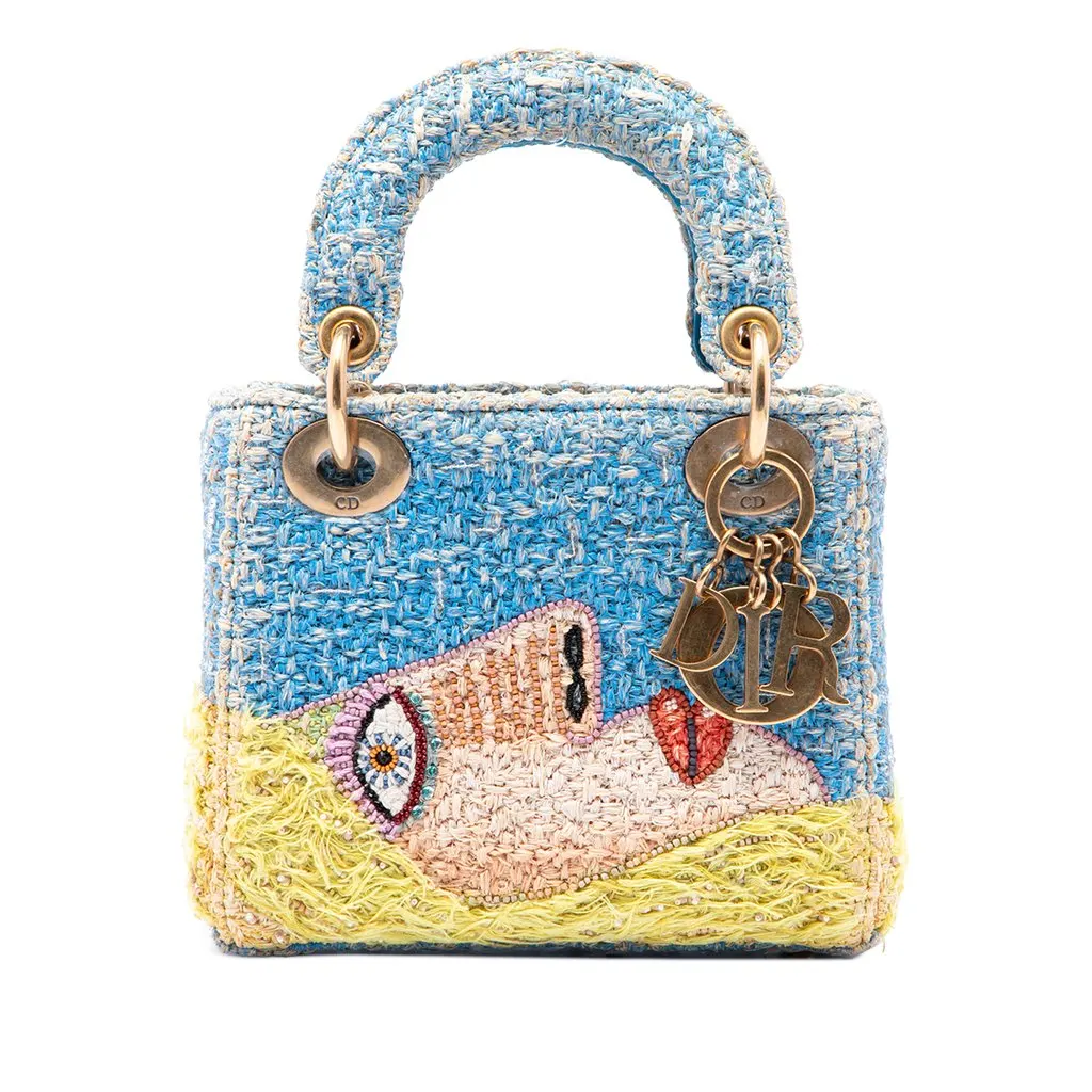 Dior Limited Edition Brian Calvin Lady Art Mini Beaded Raffia Lady Dior Blue Rattan Good - Front View