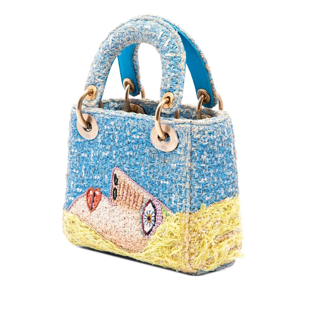 Dior Limited Edition Brian Calvin Lady Art Mini Beaded Raffia Lady Dior Blue Rattan Good - Back View