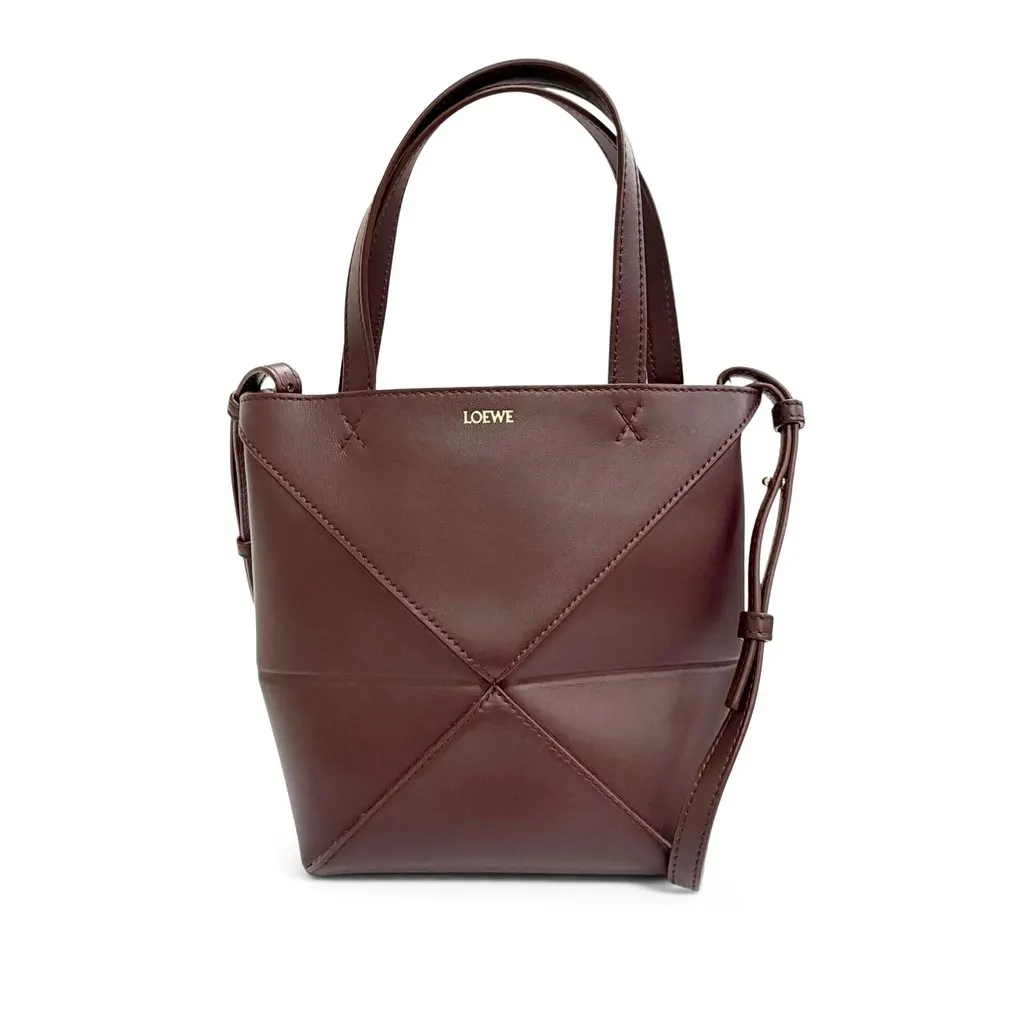 LOEWE Mini Shiny Calfskin Puzzle Fold Tote Red Leather Very good - Front View