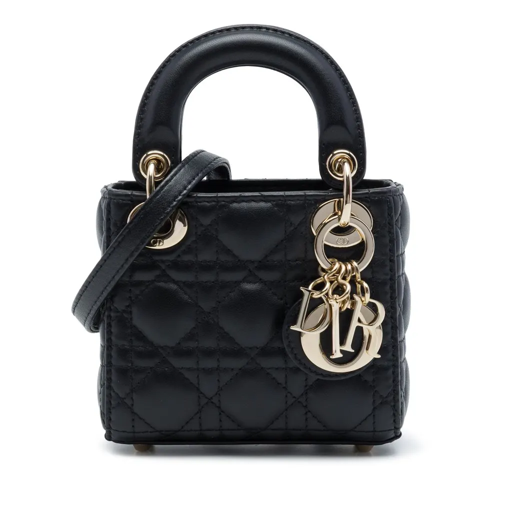 Dior Micro Lambskin Cannage Lady Dior Black Leather Very good - Front View