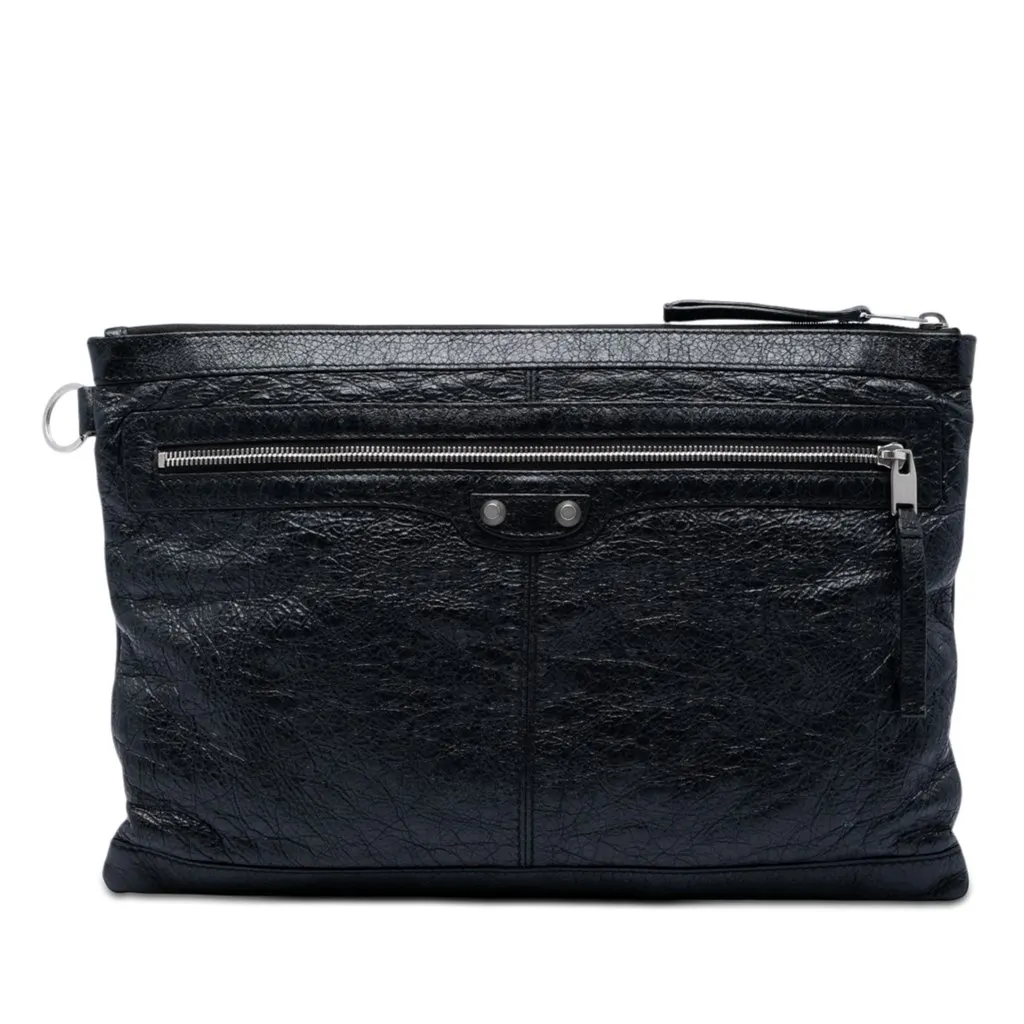 Balenciaga Lambskin Motocross Classic Clip L Clutch Black Leather Very good - Front View