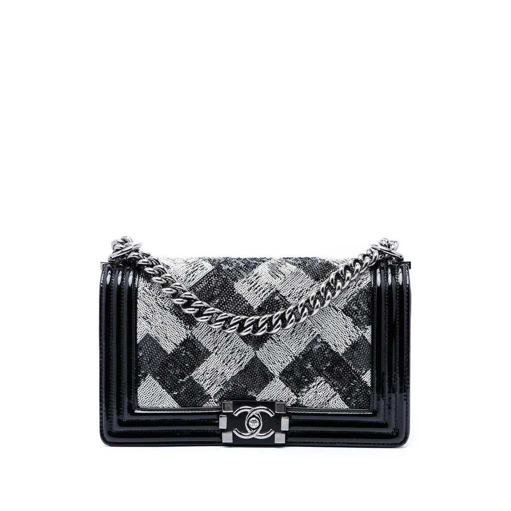 Chanel Old Medium Sequin And Patent Boy Flap Black Leather Very good - Front View