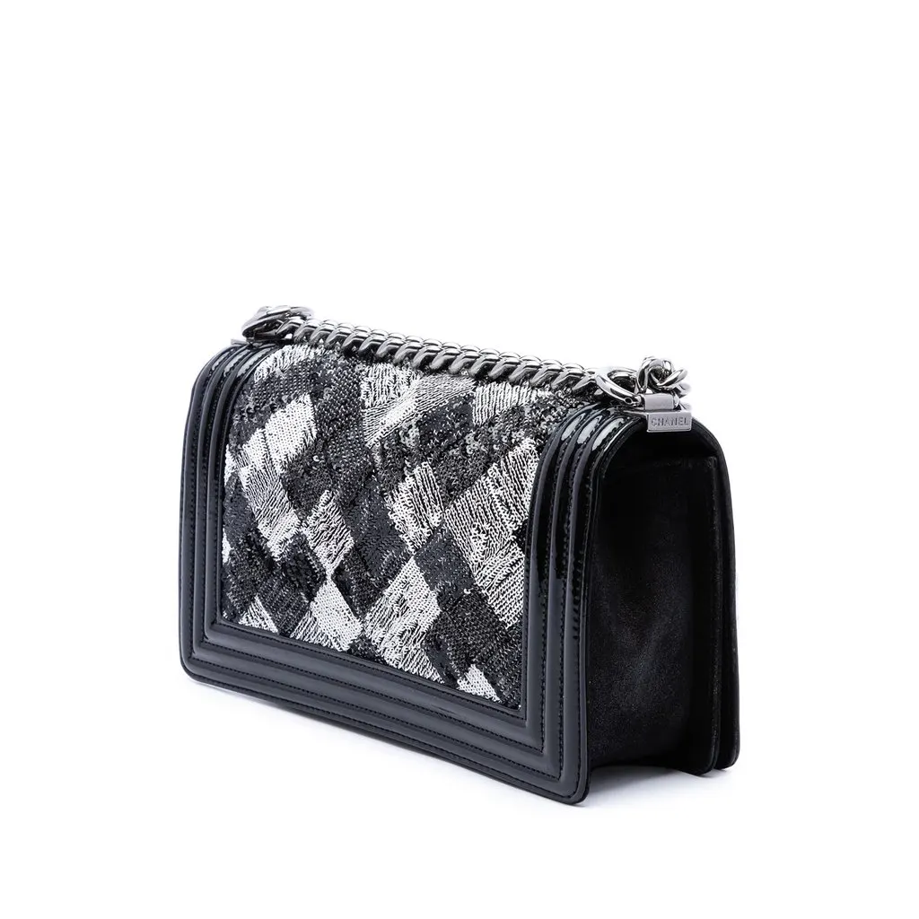 Chanel Old Medium Sequin And Patent Boy Flap Black Leather Very good - Back View