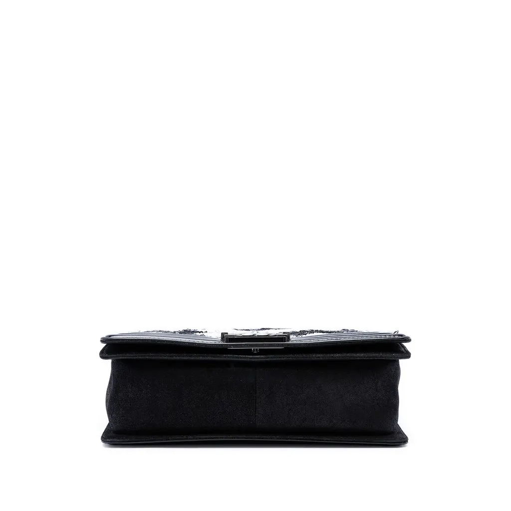 Chanel Old Medium Sequin And Patent Boy Flap Black Leather Very good - Inside View