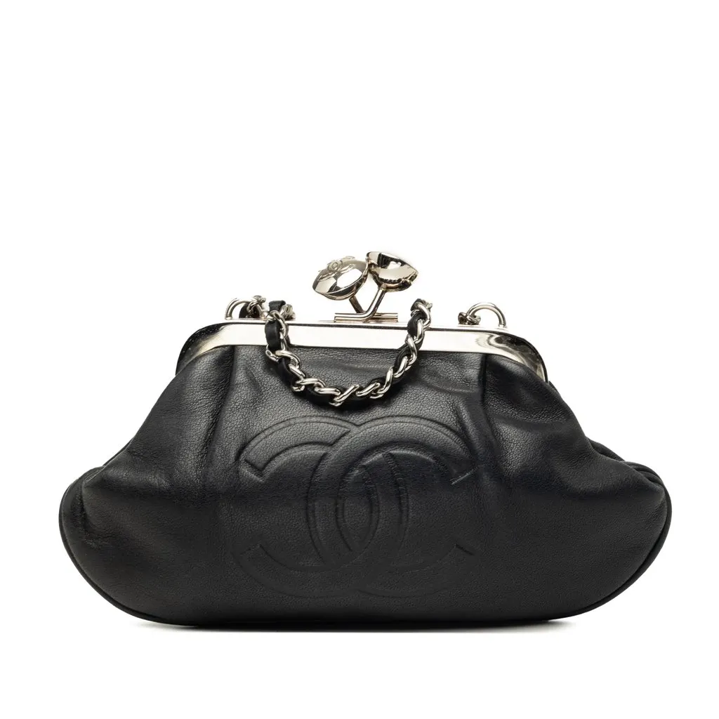 Chanel CC Lambskin Kiss Lock Evening Clutch with Chain Black Leather Very good - Front View