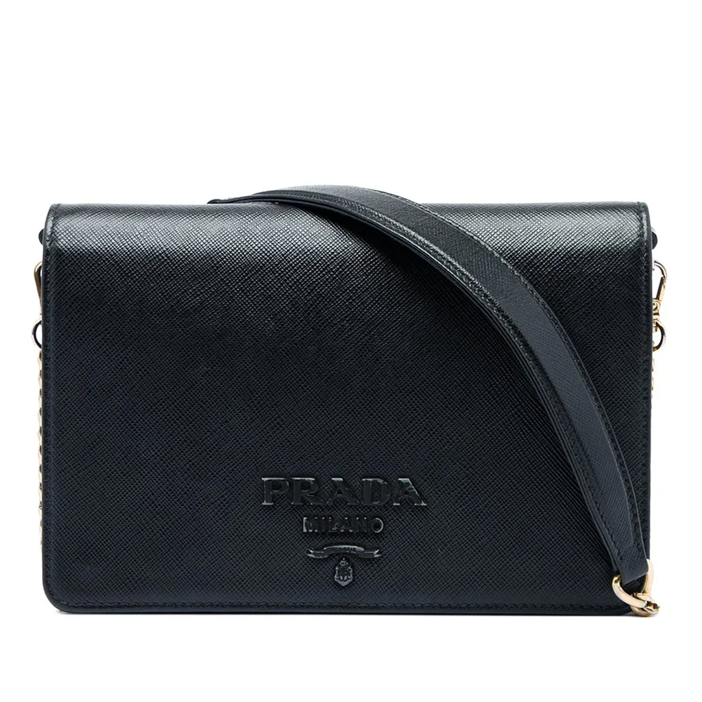 Prada Saffiano Lux Monochrome Wallet on Chain Black Leather Very good - Front View