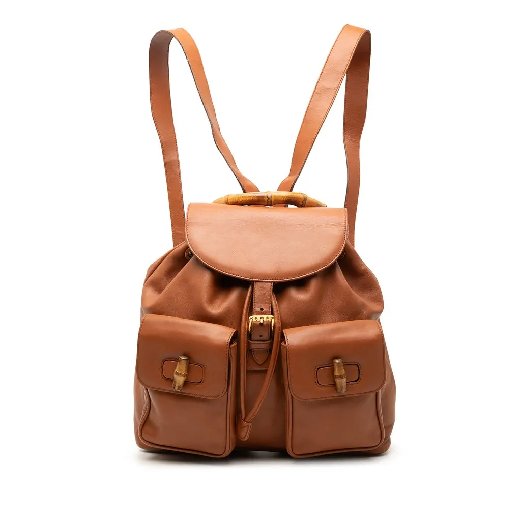Gucci Large Calfskin Bamboo Drawstring Backpack Brown Leather Good - Front View