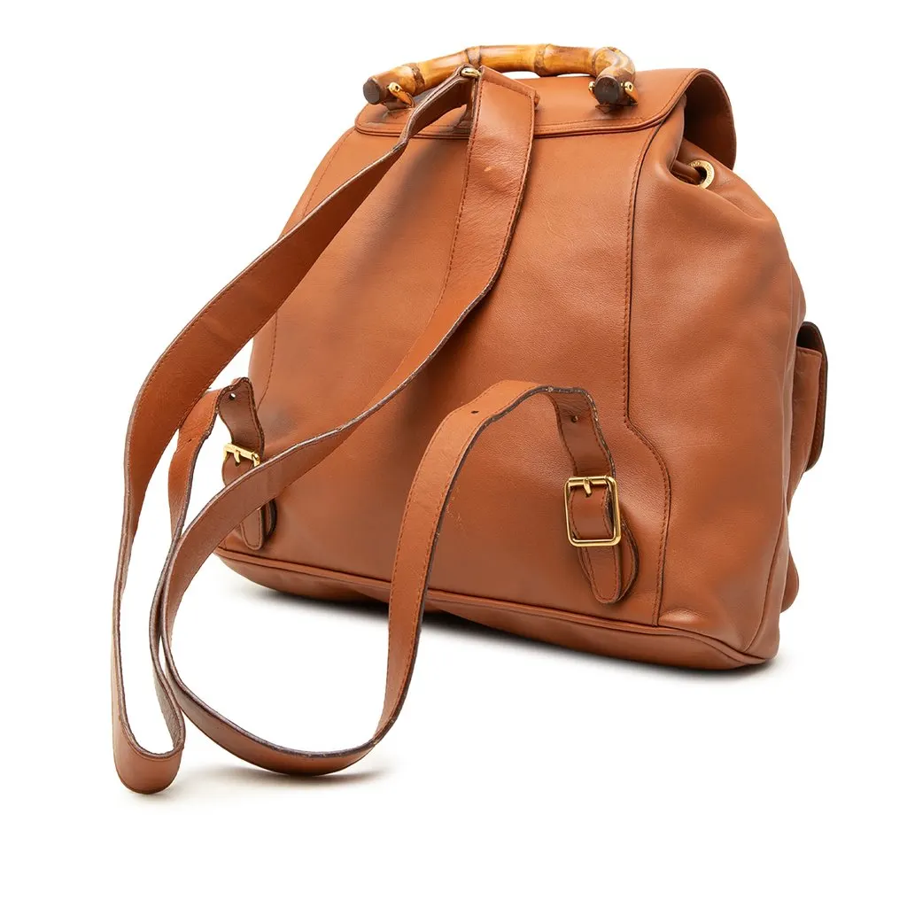 Gucci Large Calfskin Bamboo Drawstring Backpack Brown Leather Good - Back View