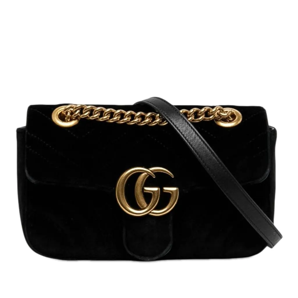 Gucci Small GG Marmont Matelasse Velvet Shoulder Bag Black Velvet Very good - Front View