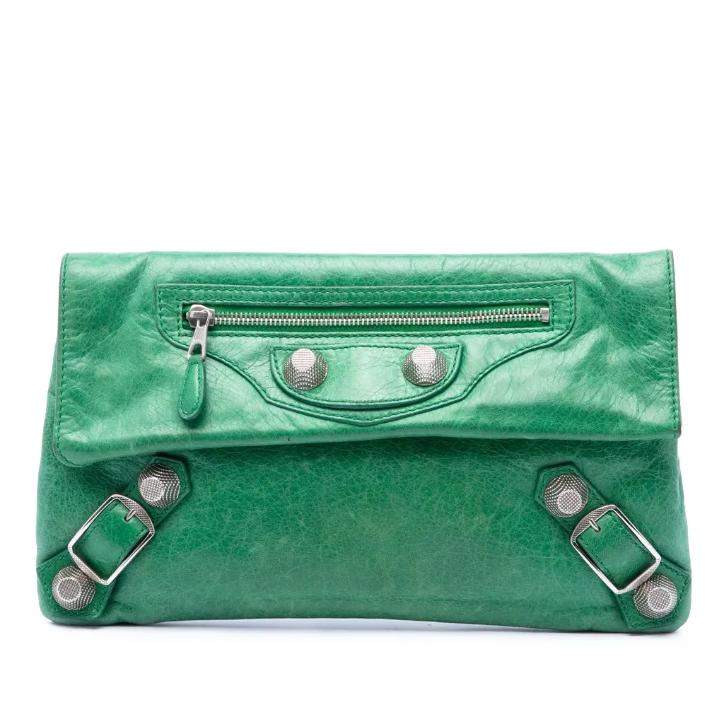 Balenciaga Lambskin Motocross Giant 21 Envelope Clutch Green Leather Very good - Front View